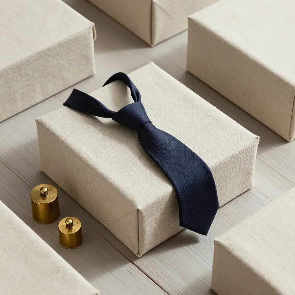 Top-down archive boxes, linen ties, and brass weights on pale wood in soft daylight.