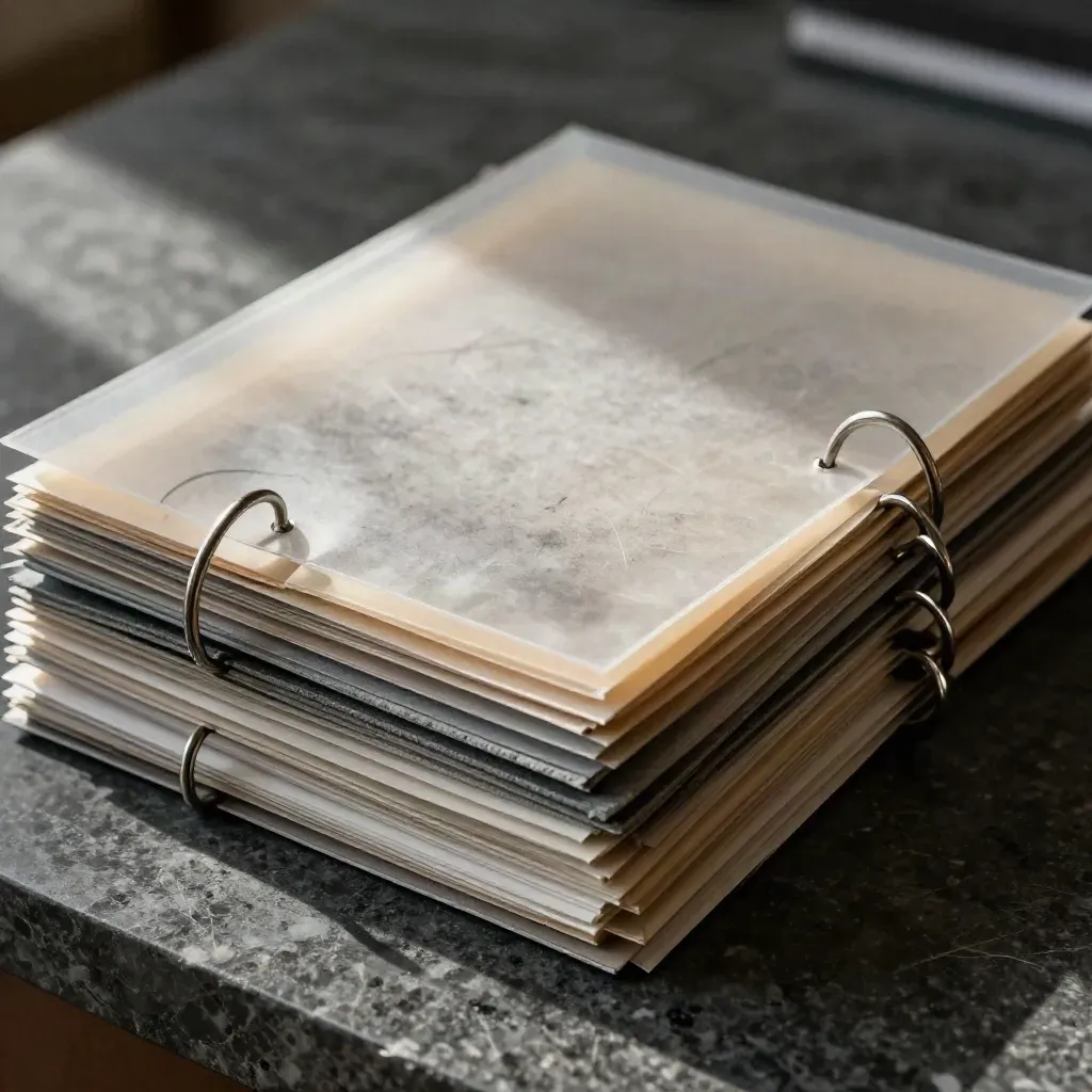 Archivist sleeves, binder rings, and slate chips on dark basalt in macro detail.