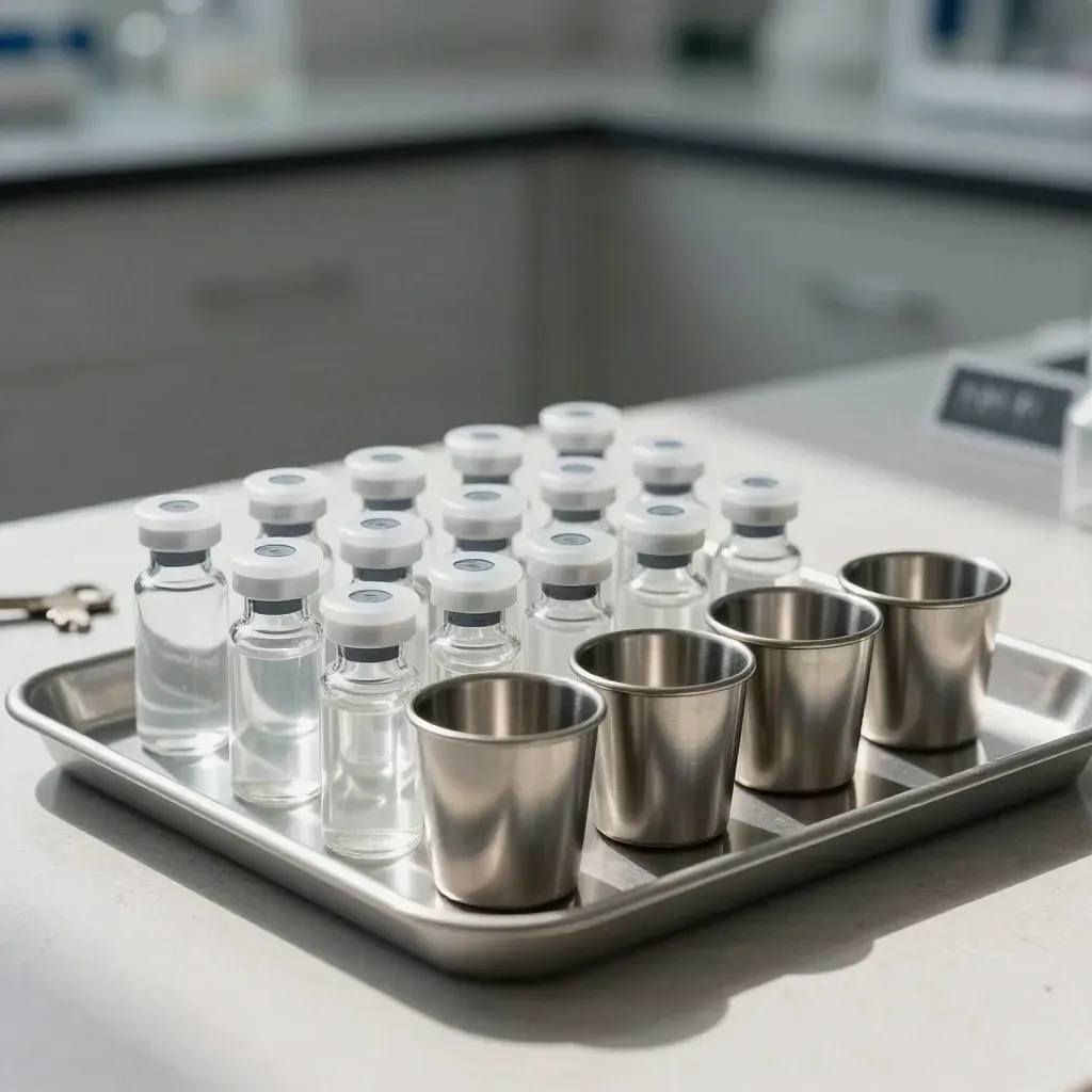 Biotech vials and sample cups on pale stone with a brushed aluminum tray.