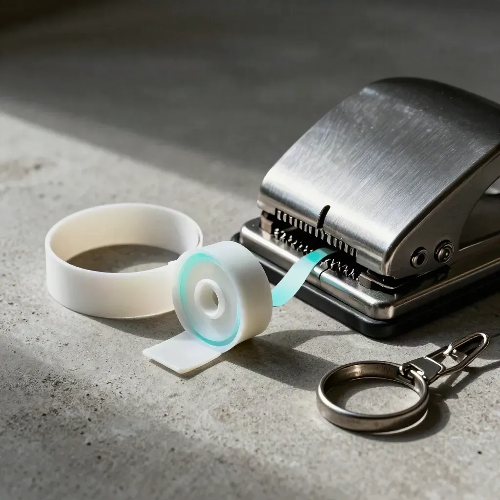 Macro of wristband reels, ticket punch and lanyard clips on brushed concrete with cyan glint.