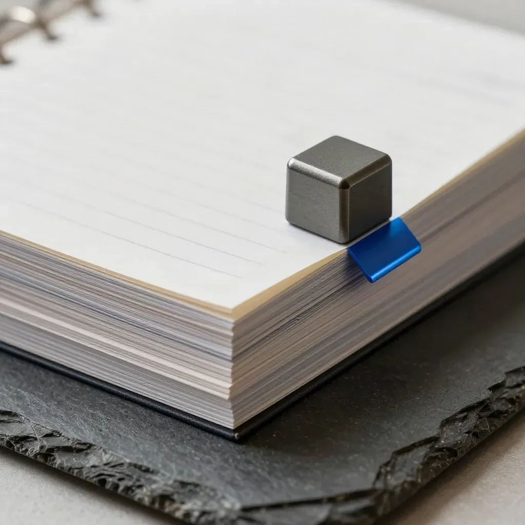 Macro finance ops still life: blank index cards, ledger tabs and a graphite paperweight on slate.
