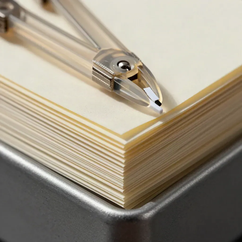 Macro of acetate dividers lifting over punched cards on a graphite archive sorter.