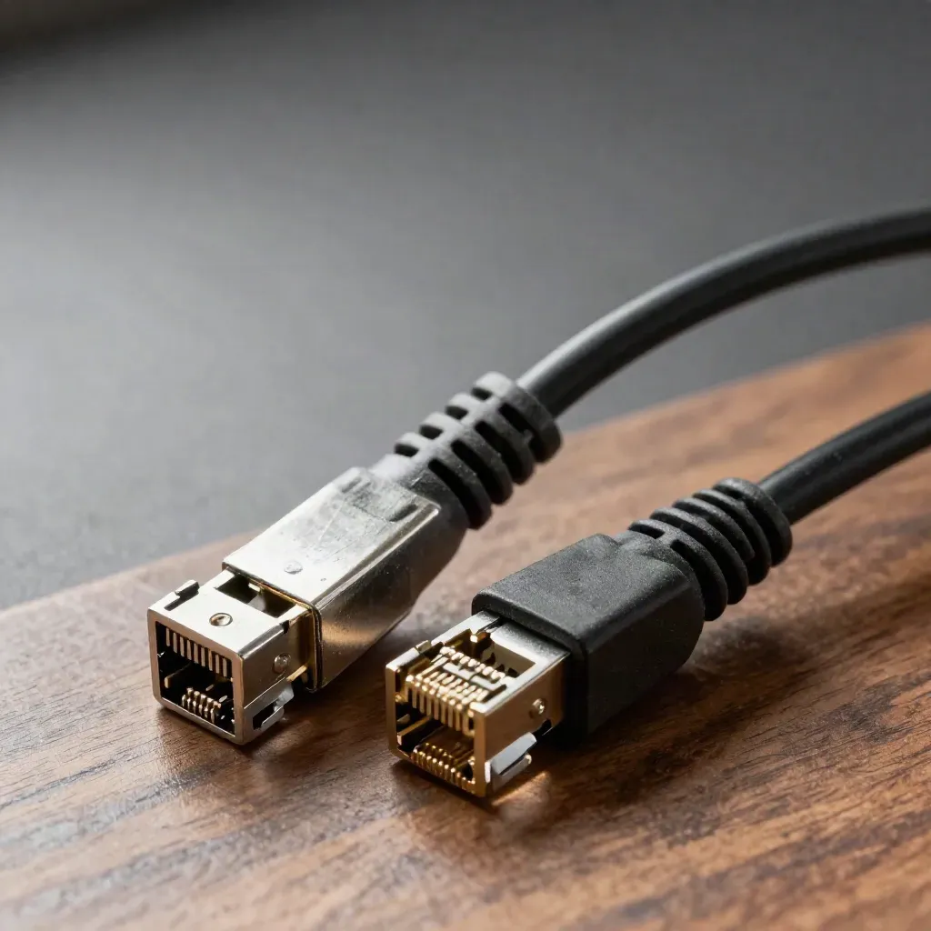 Macro of Ethernet patch leads beside a network tap block and cable clips on walnut surface.