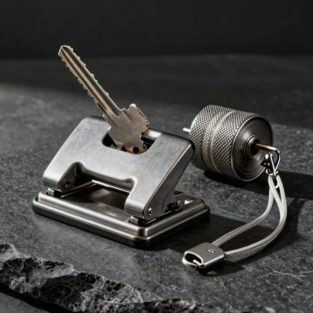 Metal ticket punch, empty lanyard clasp and wristband spool on black stone under hard studio light.