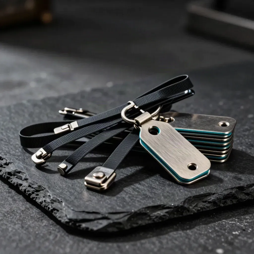 Cargo seals, cable ties, and clip tags on dark stone with dramatic cyan highlights.