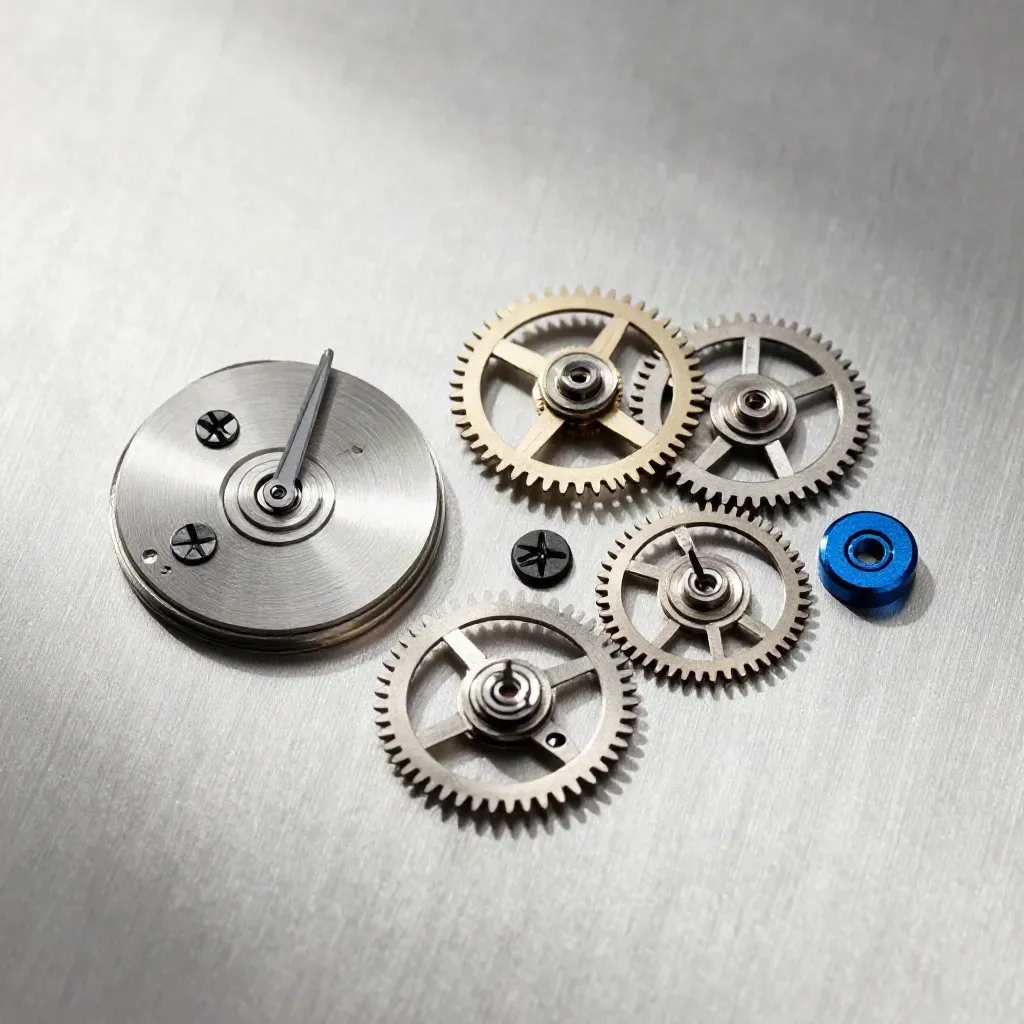 Disassembled watch gears and seconds wheel on brushed metal in soft daylight