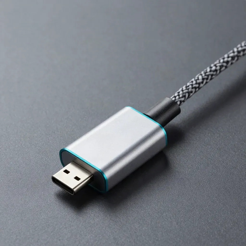 Silver USB-C adapter with braided cable and connector block on matte graphite