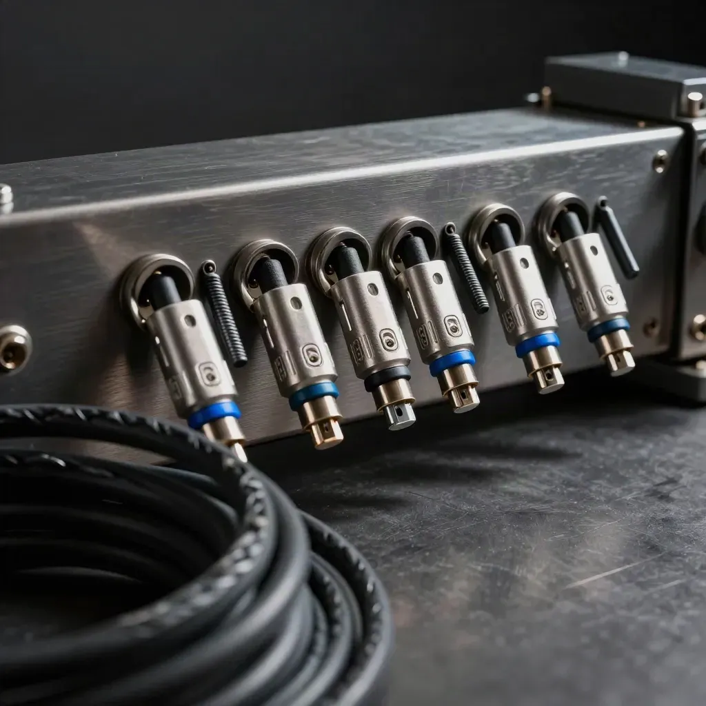 Rack rail, braided patch loom, and debug dongles on dark brushed metal with blue accent