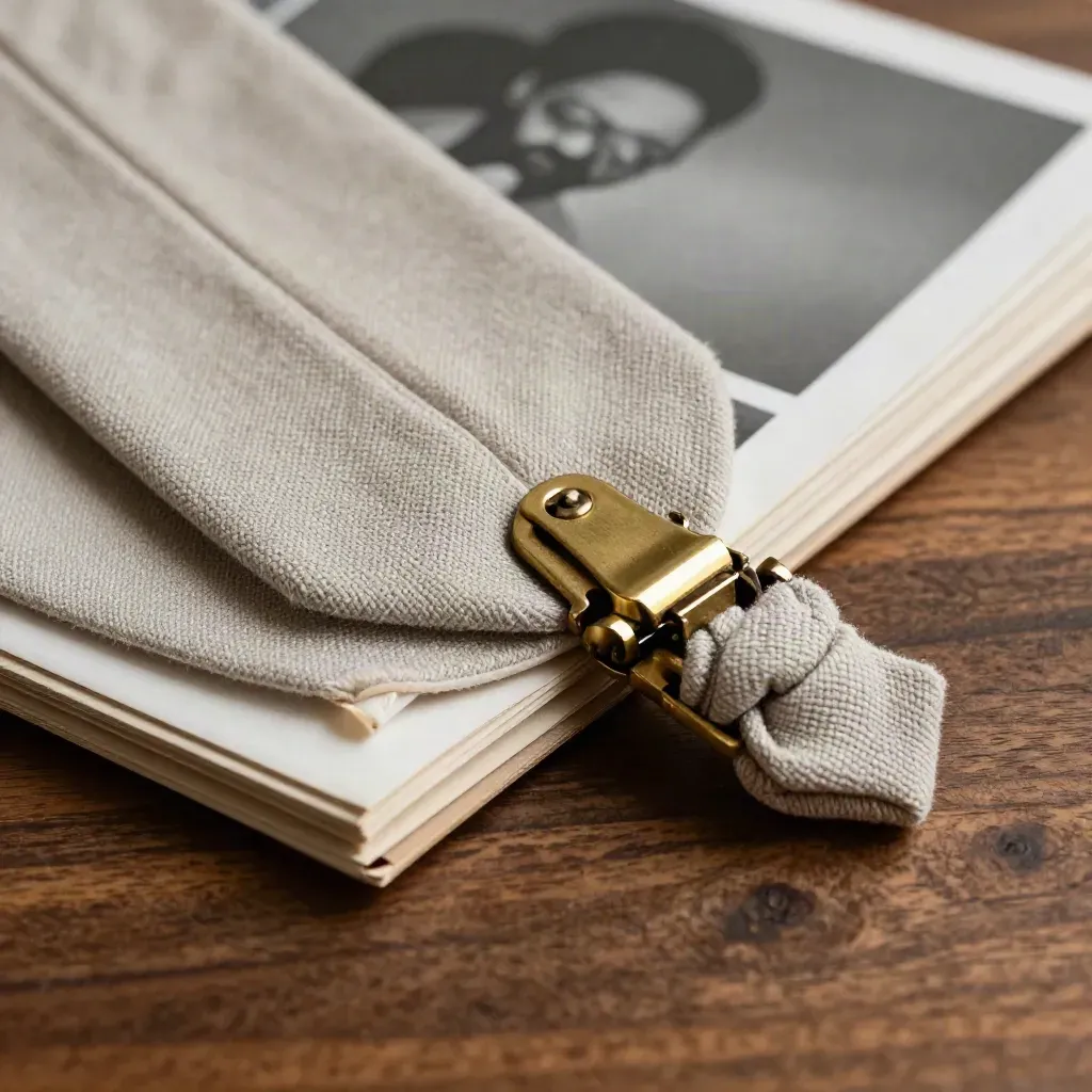 Macro still life of an archive sleeve, linen tie, and brass hinge on smoked oak.
