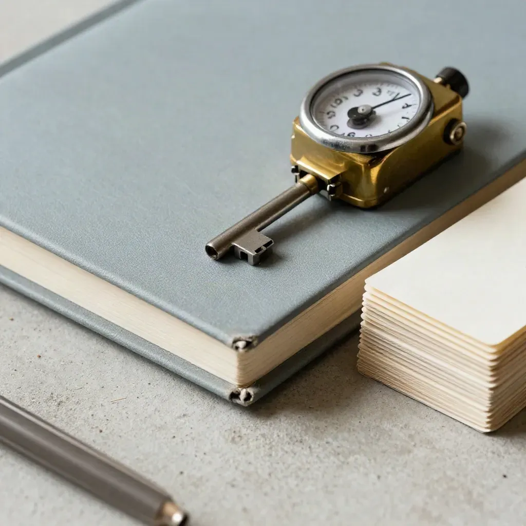 Macro still life of an analyst notebook, tally counter, and index cards on pale concrete.