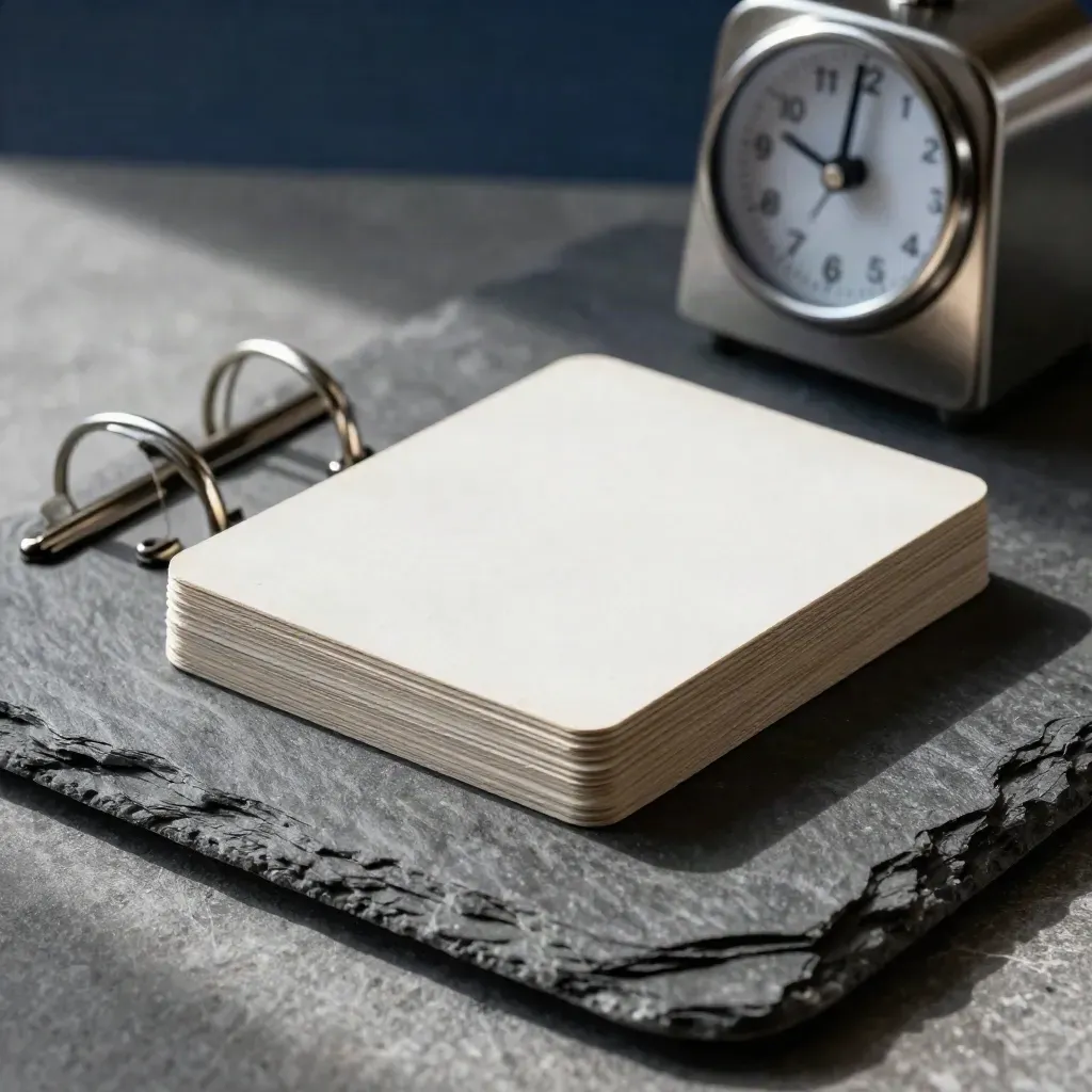 Face-down campaign cards, stopped desk timer, and half-open binder rings on slate.