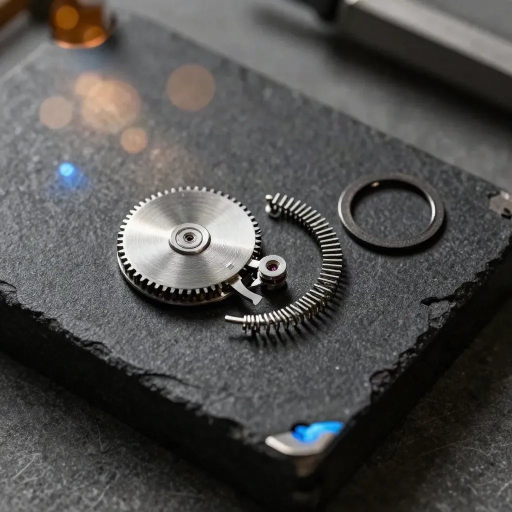 Watchmaker parts tray with chronograph wheel and escapement spring on black stone