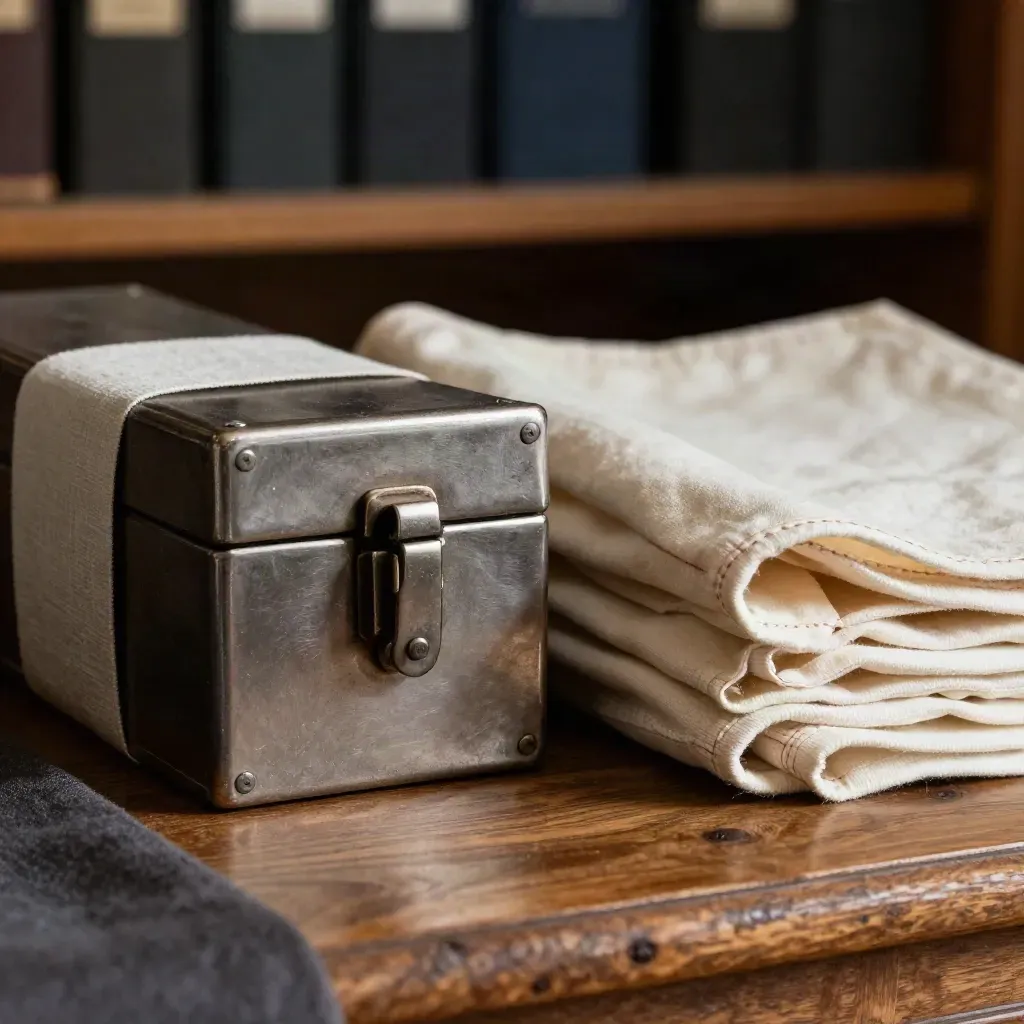 Archive box latch beside linen tie and cotton sleeves on smoked oak, softly lit in dark bokeh.
