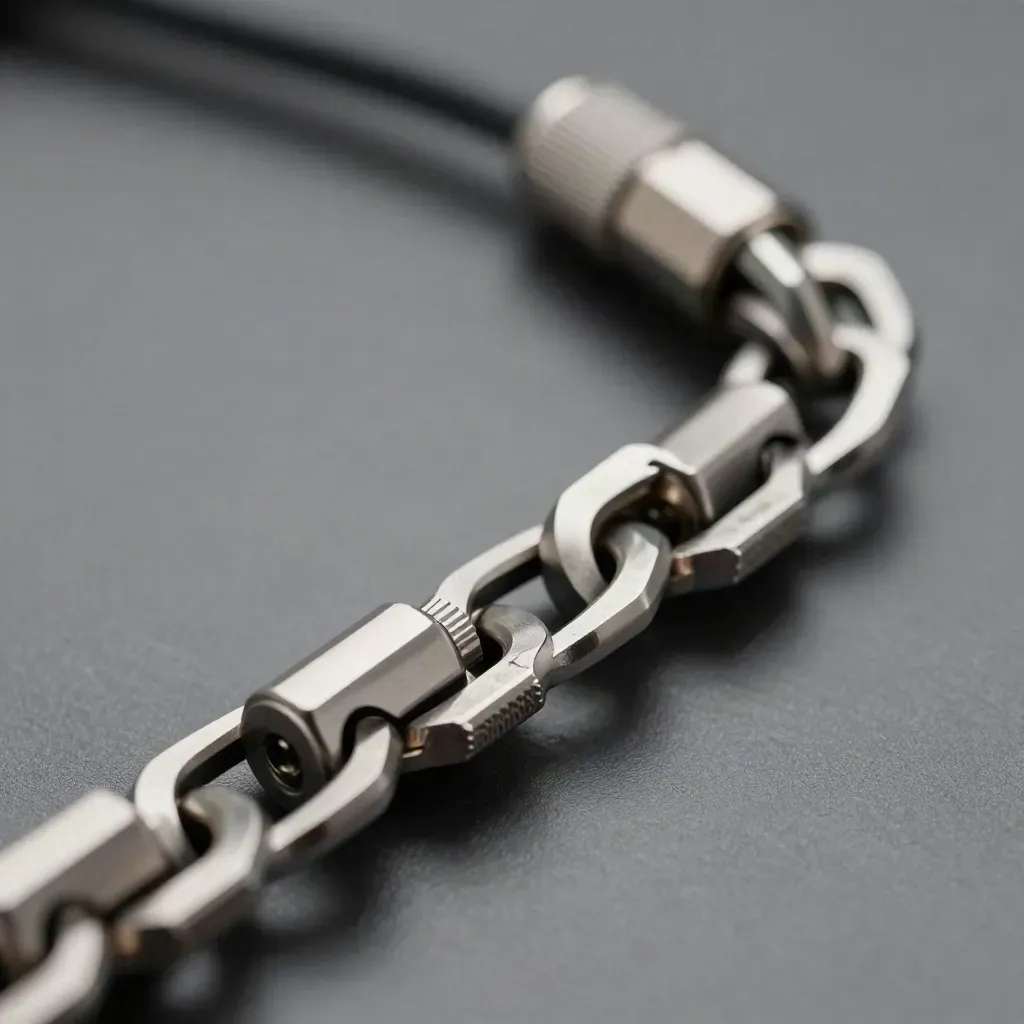 Macro chain of machined link plates and ring connectors on matte graphite.