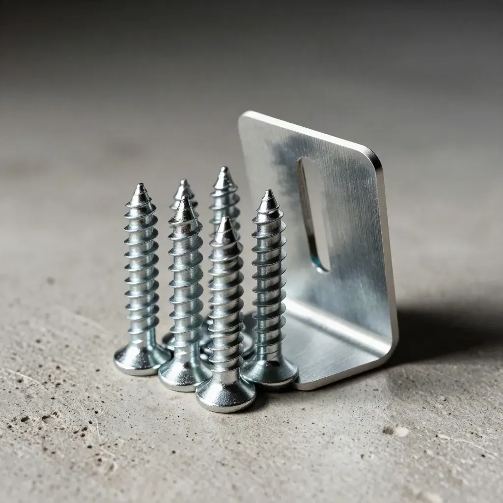 Hex standoffs, screws, and an aluminum bracket on pale concrete in dramatic studio light.
