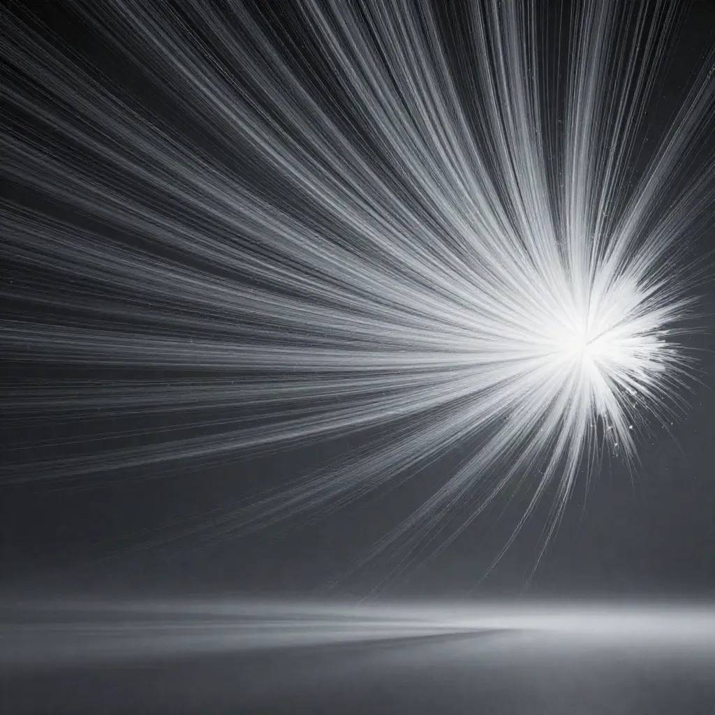 Silver light filaments converge into a soft white bloom in dark graphite haze.