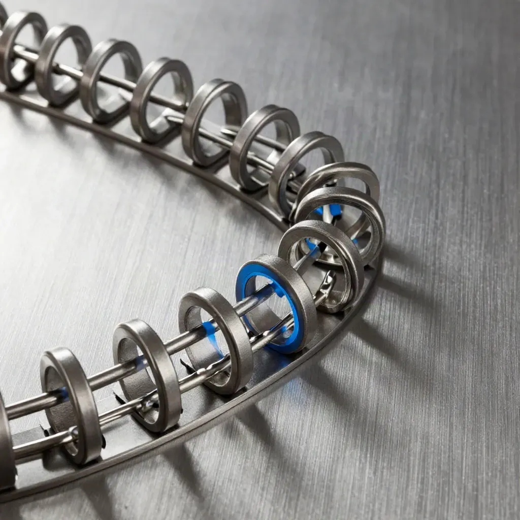 Steel rings and dividers on brushed metal, overhead, with a subtle electric blue accent.