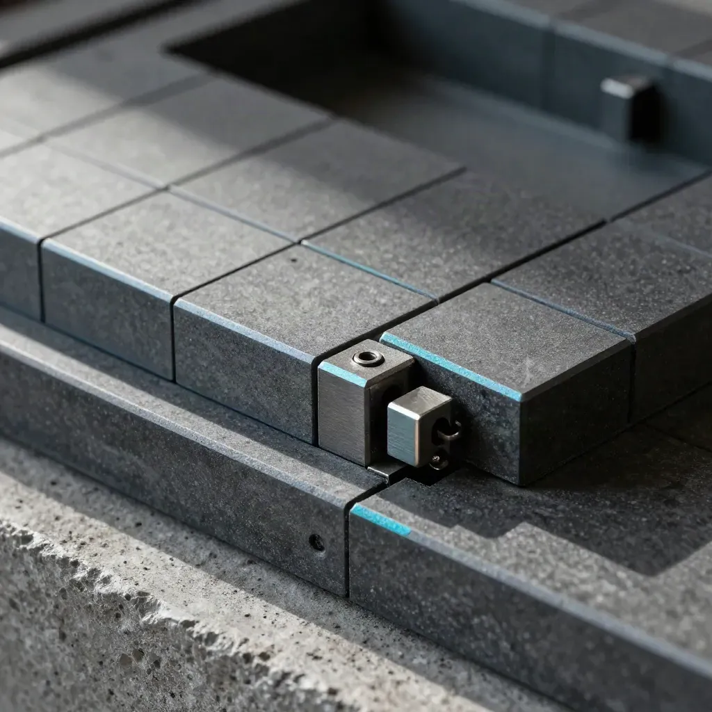 Graphite blocks and snap-in connectors locking into a stepped grid on dark stone.